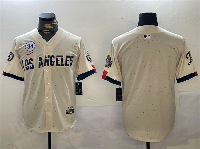 Men's Los Angeles Dodgers Blank Cream 2024 World Series With No. 34 Patch Limited Stitched Baseball Jersey Men's Los Angeles Dodgers Blank Cream 2024 World Series With No. 34 Patch Limited Stitched Baseball Jersey